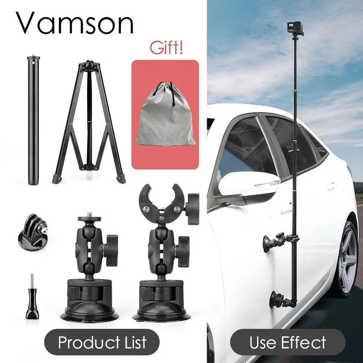 Vamson Car Suction Cup Holder with Double Ball Head Adapter with Invisible Selfie Stick for Insta360 One R X2 GoPro Accessories - Phone FilmStudio